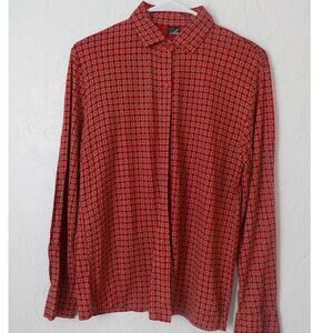 Oh Kwang Red Beige Squares Shirt Button Up Women Large Long Sleeves Cotton